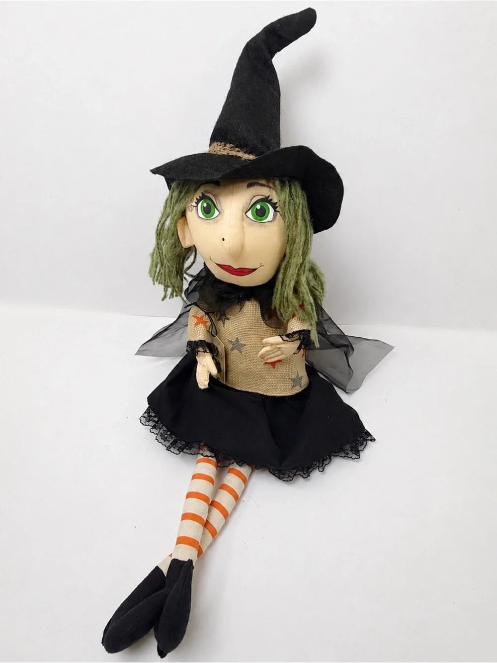 Primitive Halloween Witch Shelf Sitter Doll Hand Painted Face 26” with tag